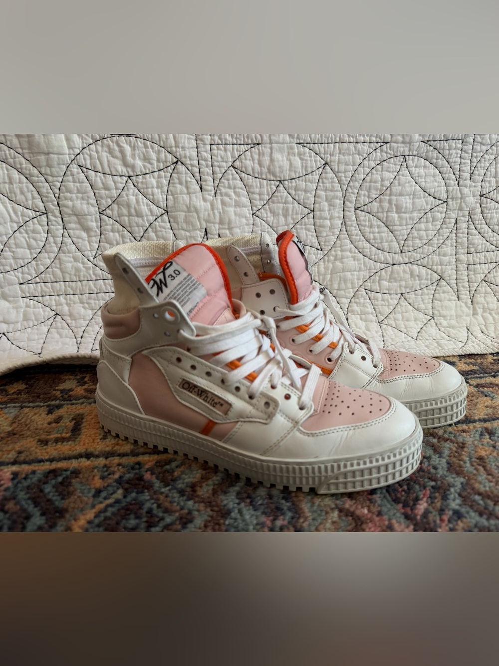 Off-White 3.0 White and Pink High-Top Sneakers with Orange Trim